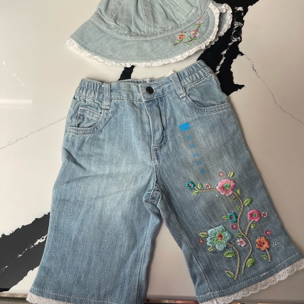 The Children's Place Blue and Pink Floral Embroidered Jeans and Hat